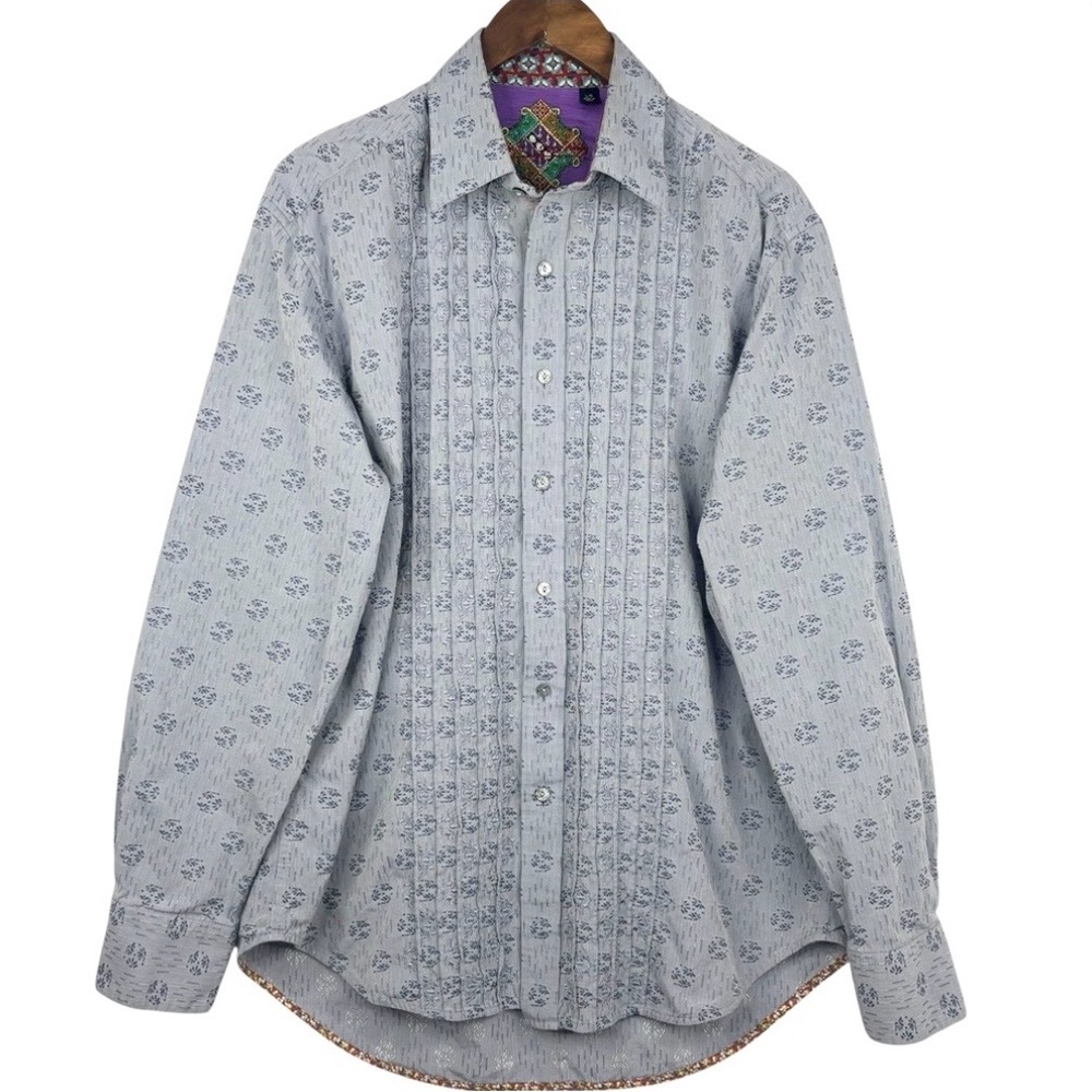 Robert Graham Blue Pattern Silk Blend Guayabara Colourful Flip Cuff Shirt L